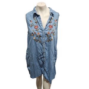 Terre Blue Sleevless Chambray Mini Dress Womens SZ L Embroidered Prairie Western